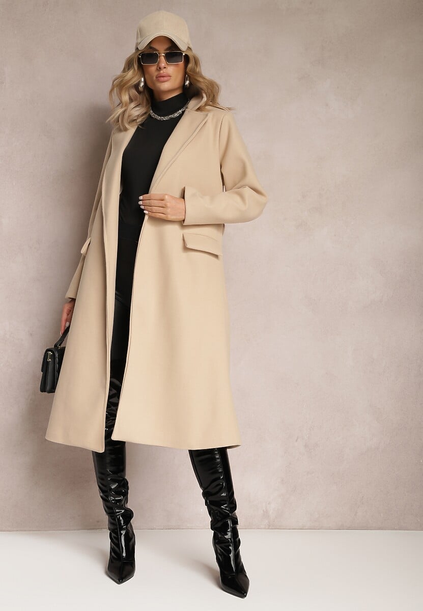 Jasnobeżowy Taliowany Płaszcz z Wiązanym Paskiem Seraphique