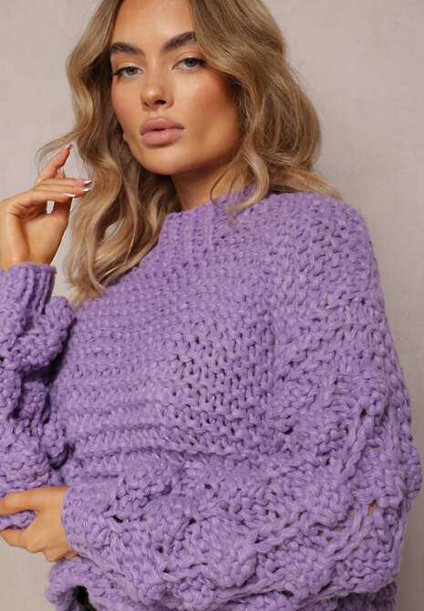 Fioletowy Klasyczny Golf z Ozdobnym Splotem na Rękawach Biska