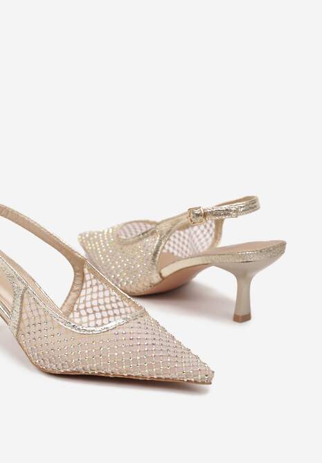 Złote Sandały na Kaczuszce z Noskiem w Szpic Zdobione Cyrkoniami Calotina
