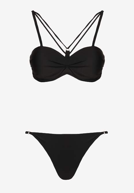 Czarne Bikini Majtki Typu Figi i Biustonosz z Ozdobnymi Paskami Fadelinna
