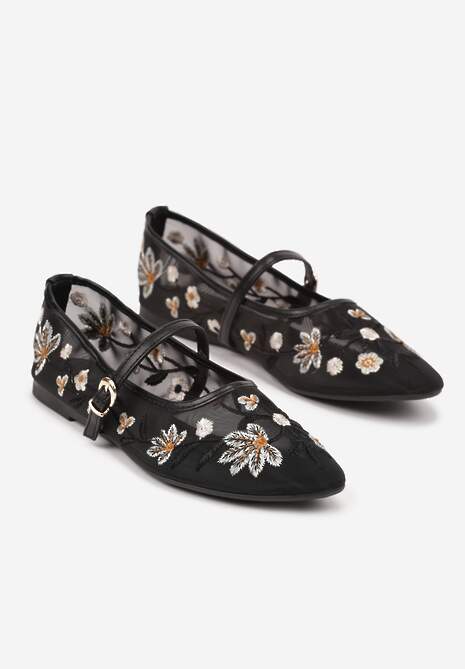 Czarne Balerinki z Siateczki w Stylu Mary Jane Zdobione Kwiatowym Haftem Nitelissa