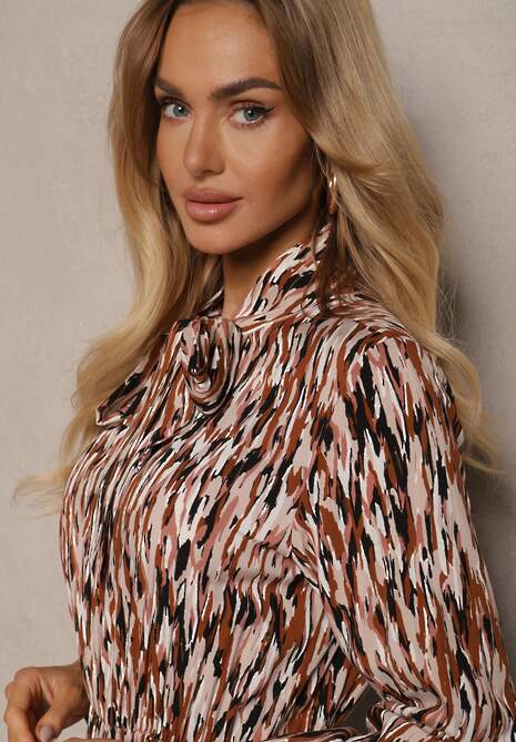 Brązowa Sukienka Midi z Gumką w Pasie i Wiązaniem Zercella