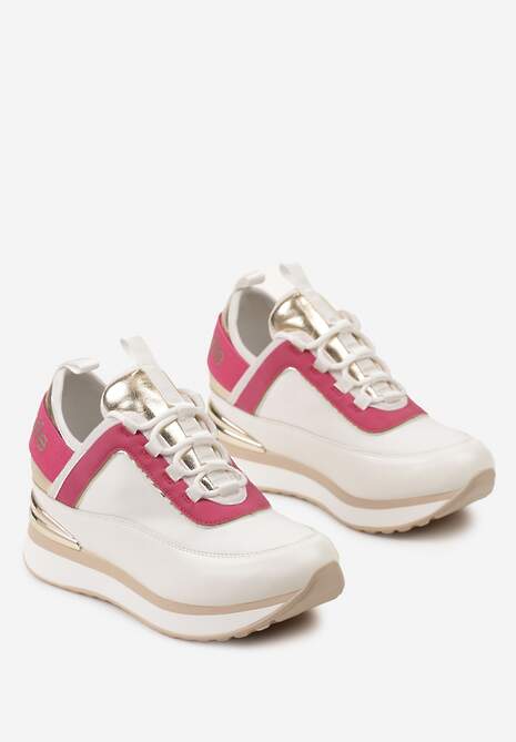 Biało-Różowe Sneakersy z Metaliczną Wstawką i Ozdobnym Napisem na Ukrytym Koturnie Alivewna