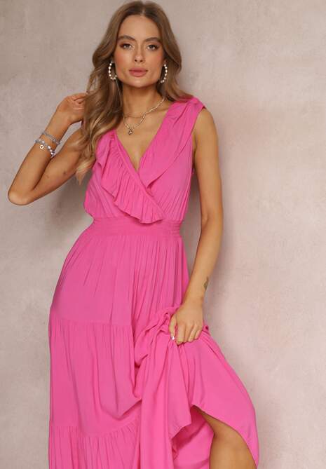 Fuksjowa Rozkloszowana Sukienka Maxi z Gumką w Talii i Falbanką Laylani