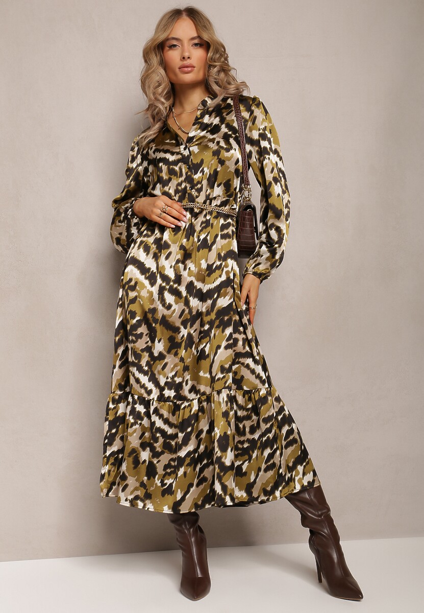 Ciemnozielona Sukienka Rozkloszowana i Luźna Gada