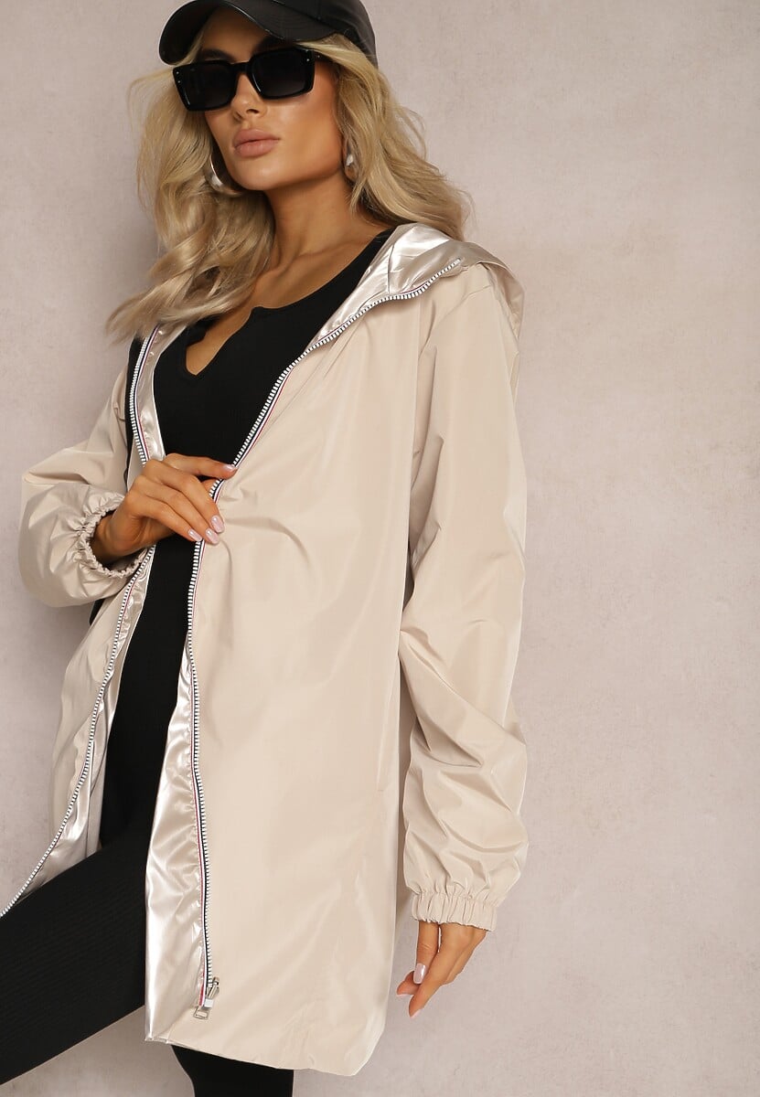 Jasnobeżowa Metaliczna Kurtka Dwustronna z Kapturem Amsera
