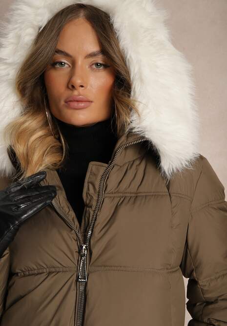 Zielona Khaki Długa Pikowana Kurtka z Kapturem i Odpinanym Futerkiem Edariel