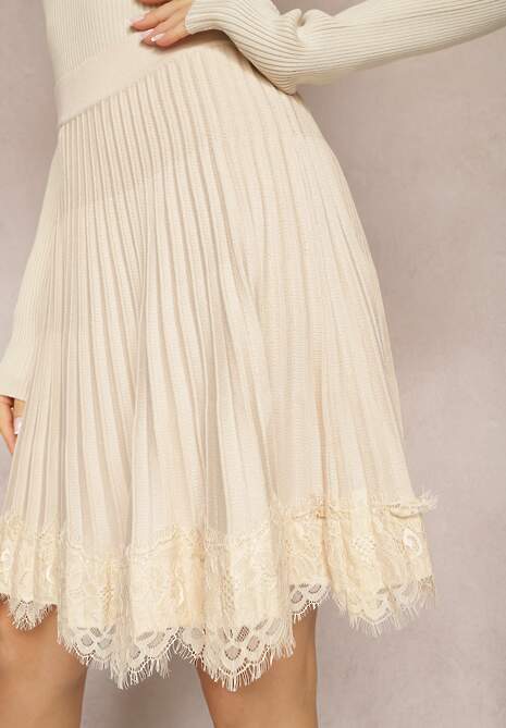 Jasnobeżowa Spódnica Mini Rozkloszowana z Gumką w Talii Saniurio