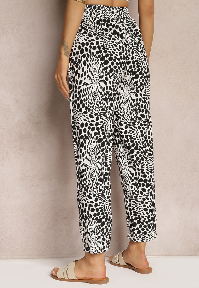 Biało-Czarne Spodnie z Elastyczną Gumką w Pasie i Mozaikowym Wzorem Tleana
