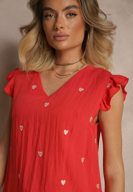 Czerwona Wiskozowa Bluzka Top z Wyhaftowanymi Serduszkami i Falbankami Darwilla