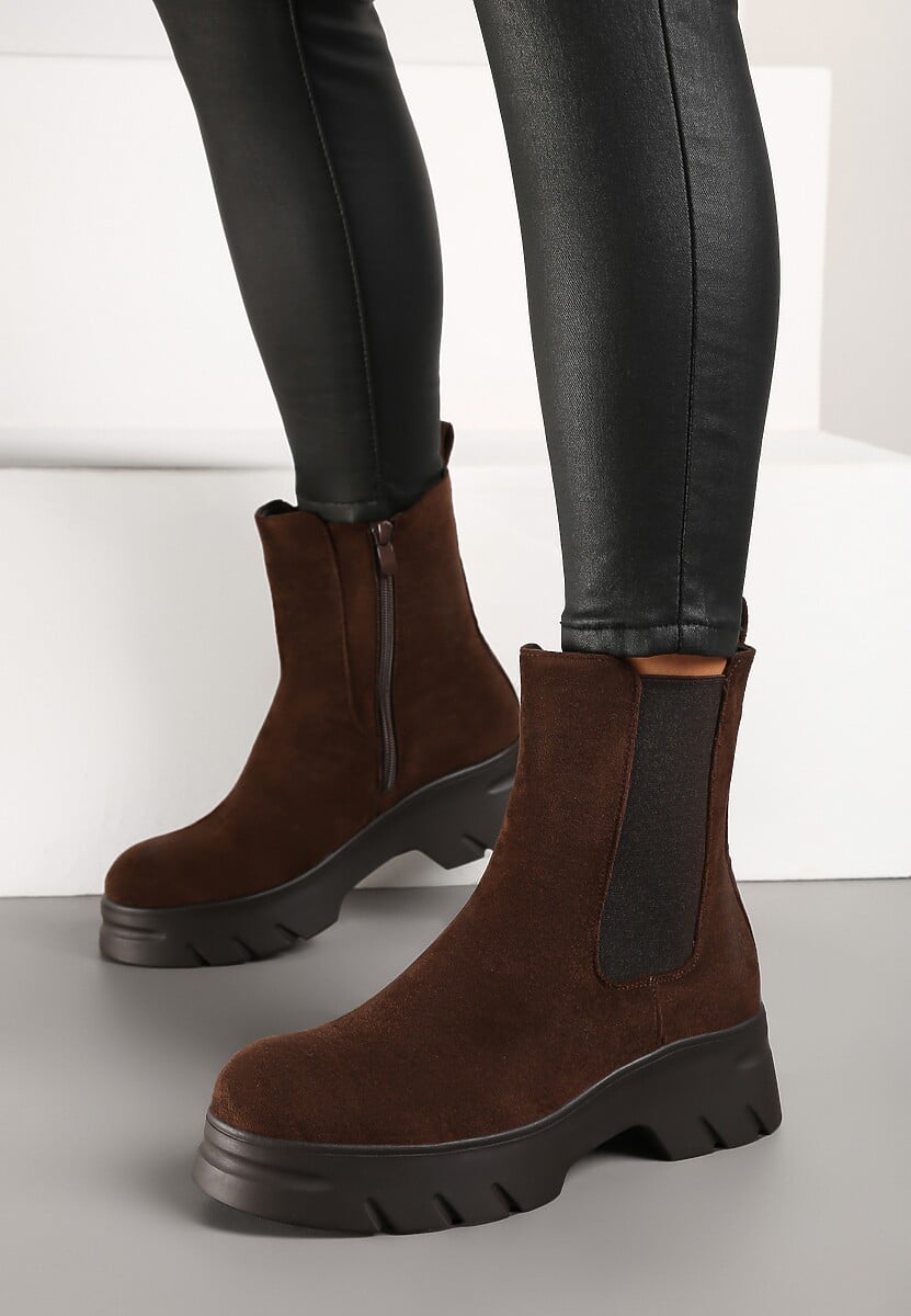 Brązowe Botki Sztyblety na Platformie z Elastyczną Cholewką Mavita