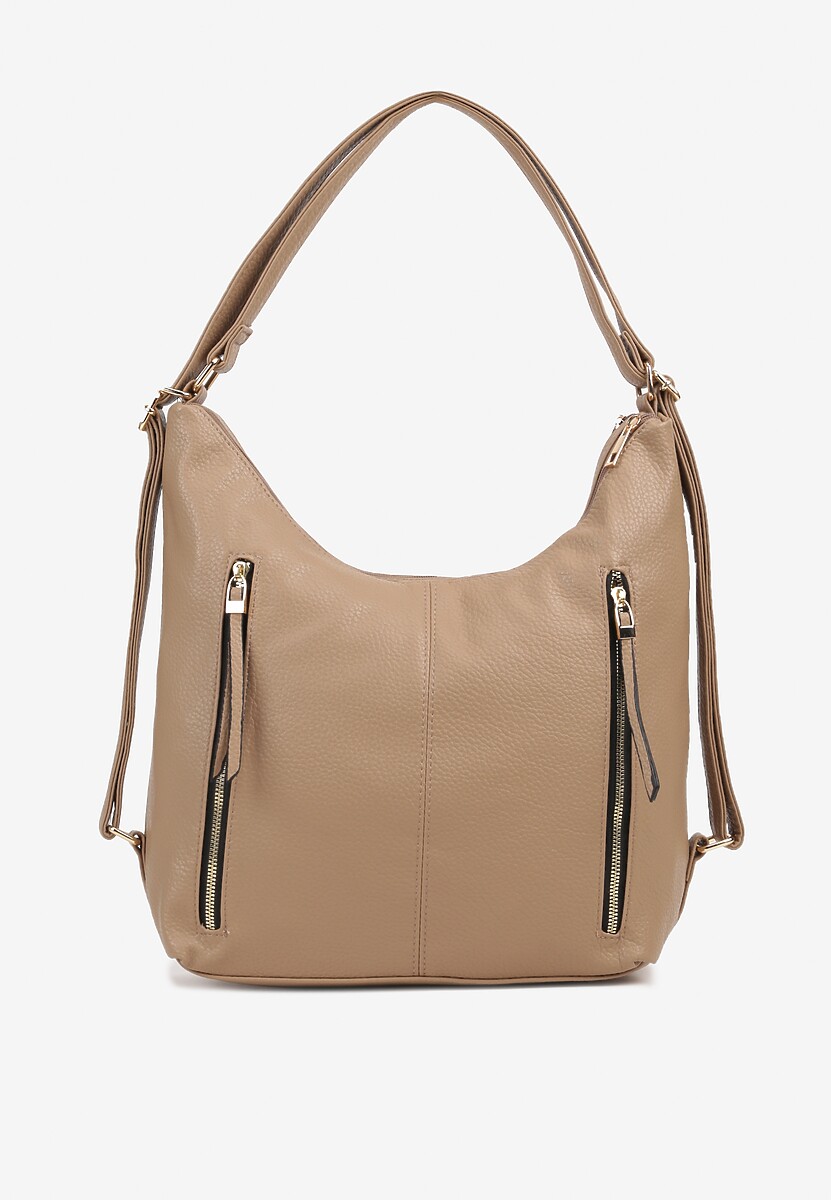 Ciemnobeżowa  Torebka Hobo z Regulowanym Paskiem i Kieszeniami z Ozdobnymi Suwakami Sanirael