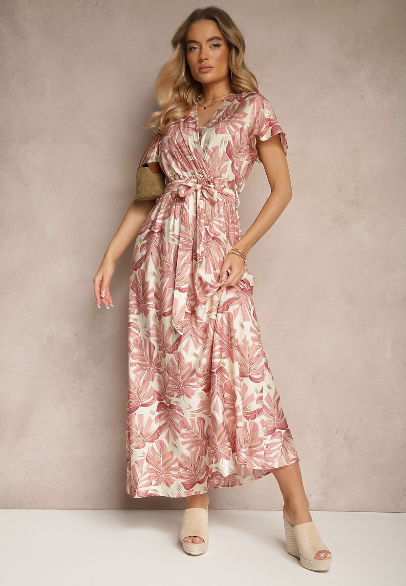 Różowa Sukienka w Listki z Elastyczną Gumką w Talii i Wiązanym Paskiem Jaliren