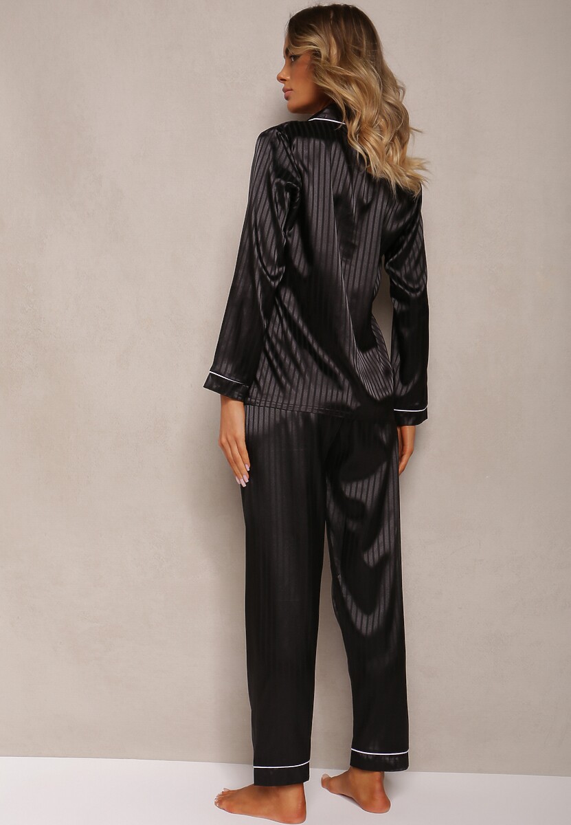 Czarny Komplet Piżamowy Góra o Koszulowym Kroju z Guzikami Spodnie z Gumką w Talii Rivanias
