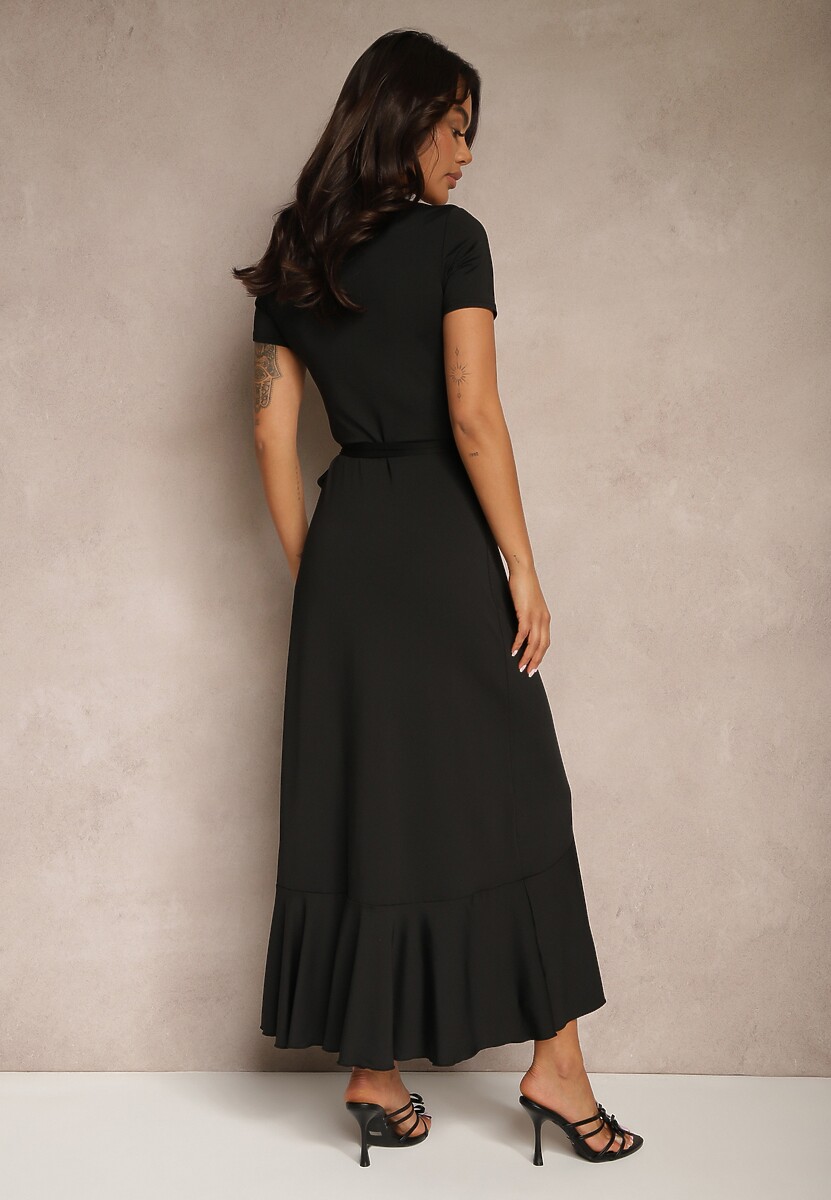 Czarna Sukienka o Kopertowym Fasonie z Falbankami Zleffia