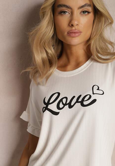 Jasnobeżowy 2-Częściowy Komplet Piżamowy Koszulka z Napisem i Proste Spodnie Niela