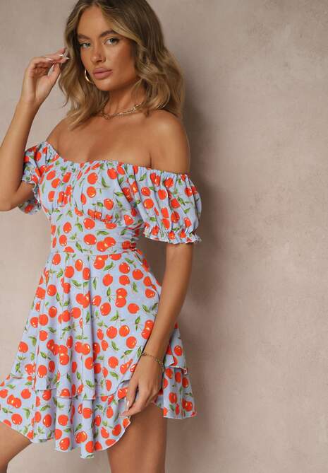 Niebieska Sukienka Rozkloszowana z Bawełną w Wisienki Lunasella