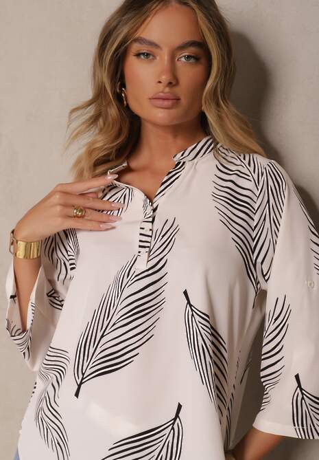 Jasnobeżowa Koszula z Bawełną i Motywem Liści Lumireline