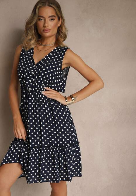 Granatowa Rozkloszowana Sukienka z Bawełną i Wiskozą ze Wzorem Kropek Lilamora