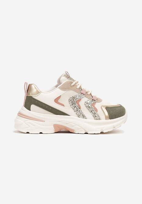 Zielono-Beżowe Sznurowane Sneakersy na Platformie Ozdobione Brokatem Betira