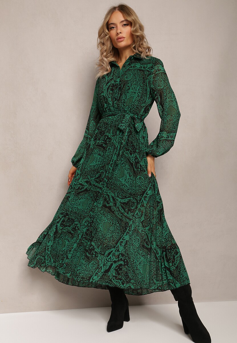 Beżowo-Czarna Sukienka Rozkloszowana z Wiązanym Paskiem Blerore