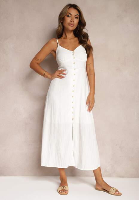 Biała Taliowana Sukienka na Guziki na Ramiączkach z Regulacją Quafea