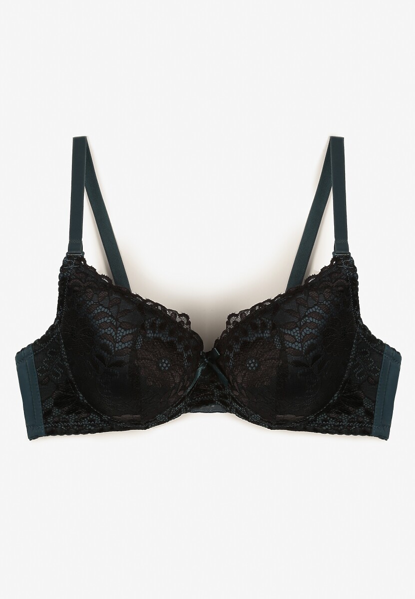 Ciemnozielony Koronkowy Biustonosz z Kwiatowym Motywem Nelamis