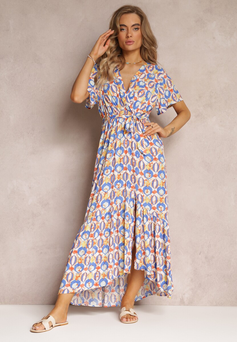 Niebieska Sukienka z Wiskozy i Kopertowym Dekoltem w Fantazyjny Print Abai