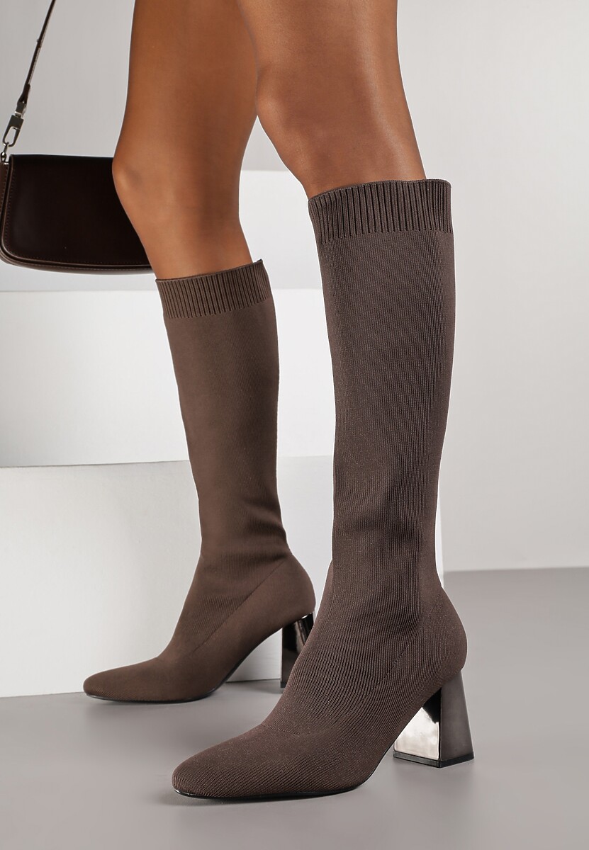 Brązowe Eleganckie Kozaki VICES na Metalicznym Obcasie ze Skarpetkową Cholewką Nalaina