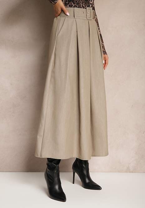 Ciemnobeżowa Spódnica z Wiskozą o Rozkloszowanym Kroju z Paskiem i Gumką w Talii Prianna