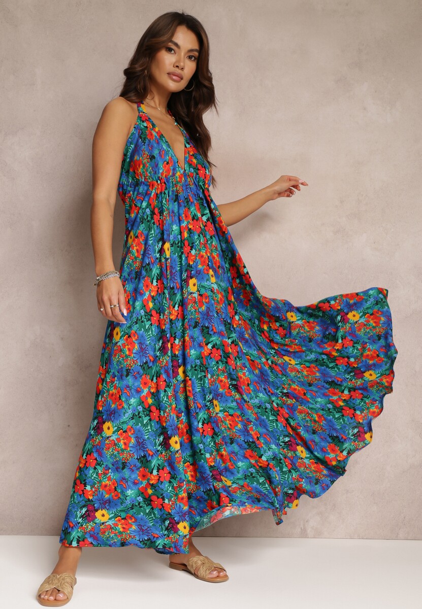 Niebieska Kwiecista Sukienka Maxi z Wiskozy z Wiązaniem na Szyi i Plecach Lunka