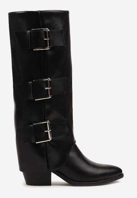 Czarne Kozaki na Słupku Kowbojki Ozdobione Metaliczną Aplikacją i Wywiniętą Cholewką Latareia