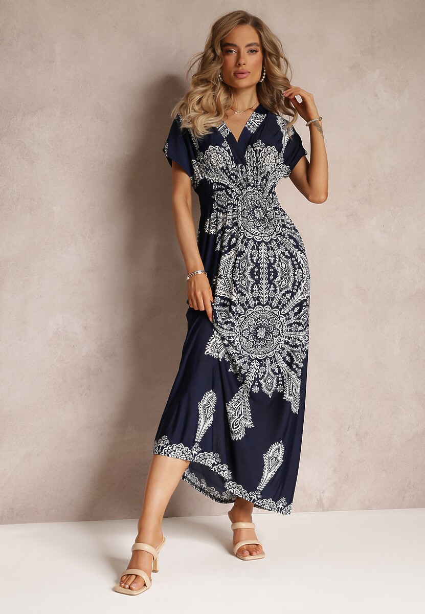 Granatowa Sukienka Maxi w Etniczny Wzór Josanie