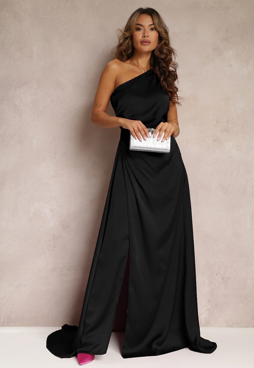 Czarna Elegancka Sukienka na Jedno Ramię o Asymetrycznym Fasonie Leylane