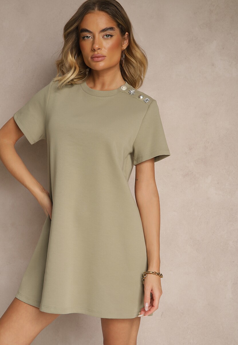 Ciemnozielona Sukienka z Bawełną o Trapezowym Kroju z Guzikami Delynne