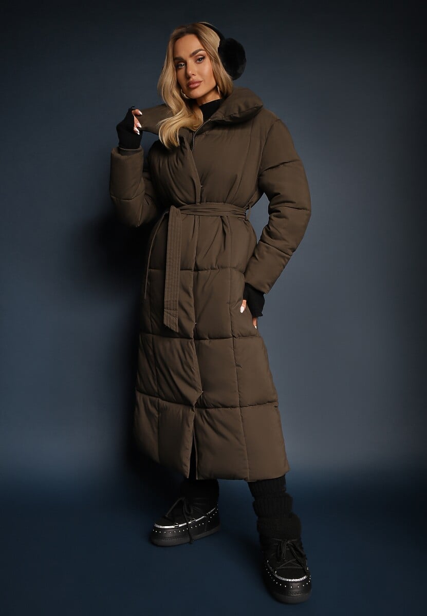 Beżowa Długa Kurtka Pikowana Płaszcz z Paskiem Adellesstta