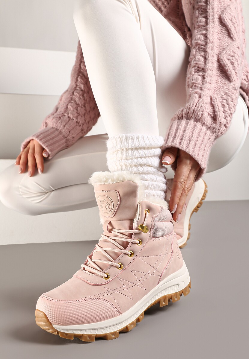 Różowe Traperki na Tłoczonej Platformie ze Sznurowaniem Zinlatta