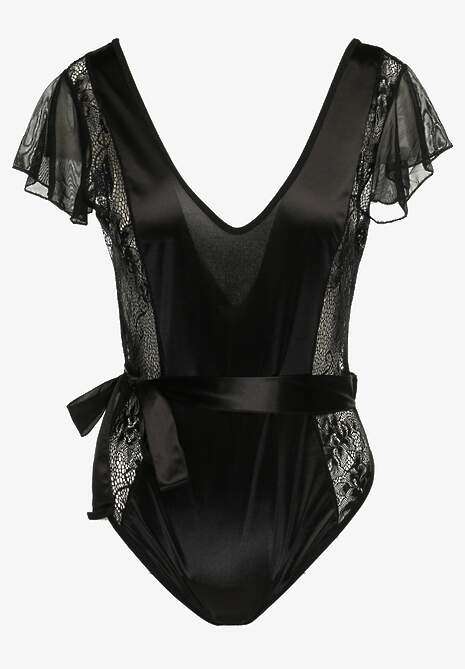 Czarne Satynowe Body z Koronką i Paskiem w Talii Lierie