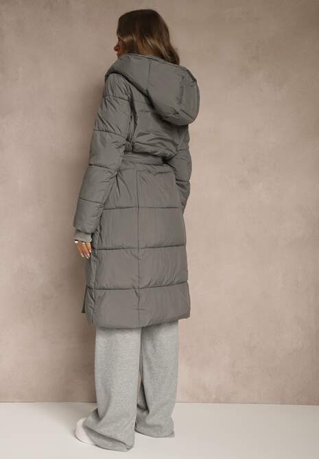 Ciemnoszara Długa Kurtka Pikowana z Kapturem i Podwójnym Kołnierzem Wiązana w Talii Ravilya
