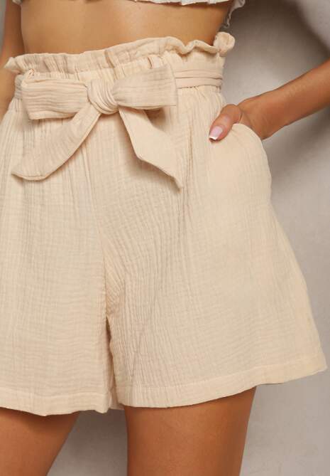 Beżowe Bawełniane Szorty z Gumką w Talii i Paskiem Lovenia