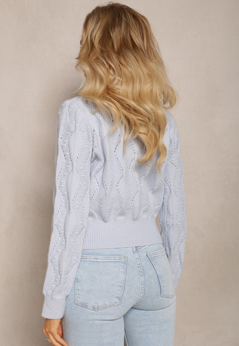 Jasnoniebieski Klasyczny Sweter z Długim Rękawem i Wyhaftowanymi Kwiatami Hadriela