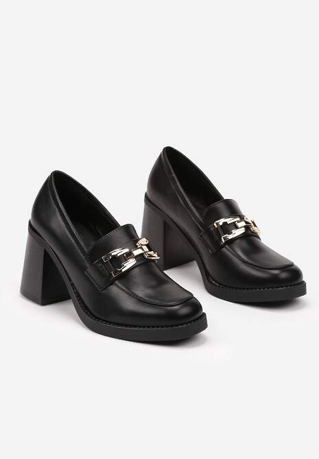 Czarne Półbuty na Słupku z Klamrą Stylizowane na Mokasyny Gerisa