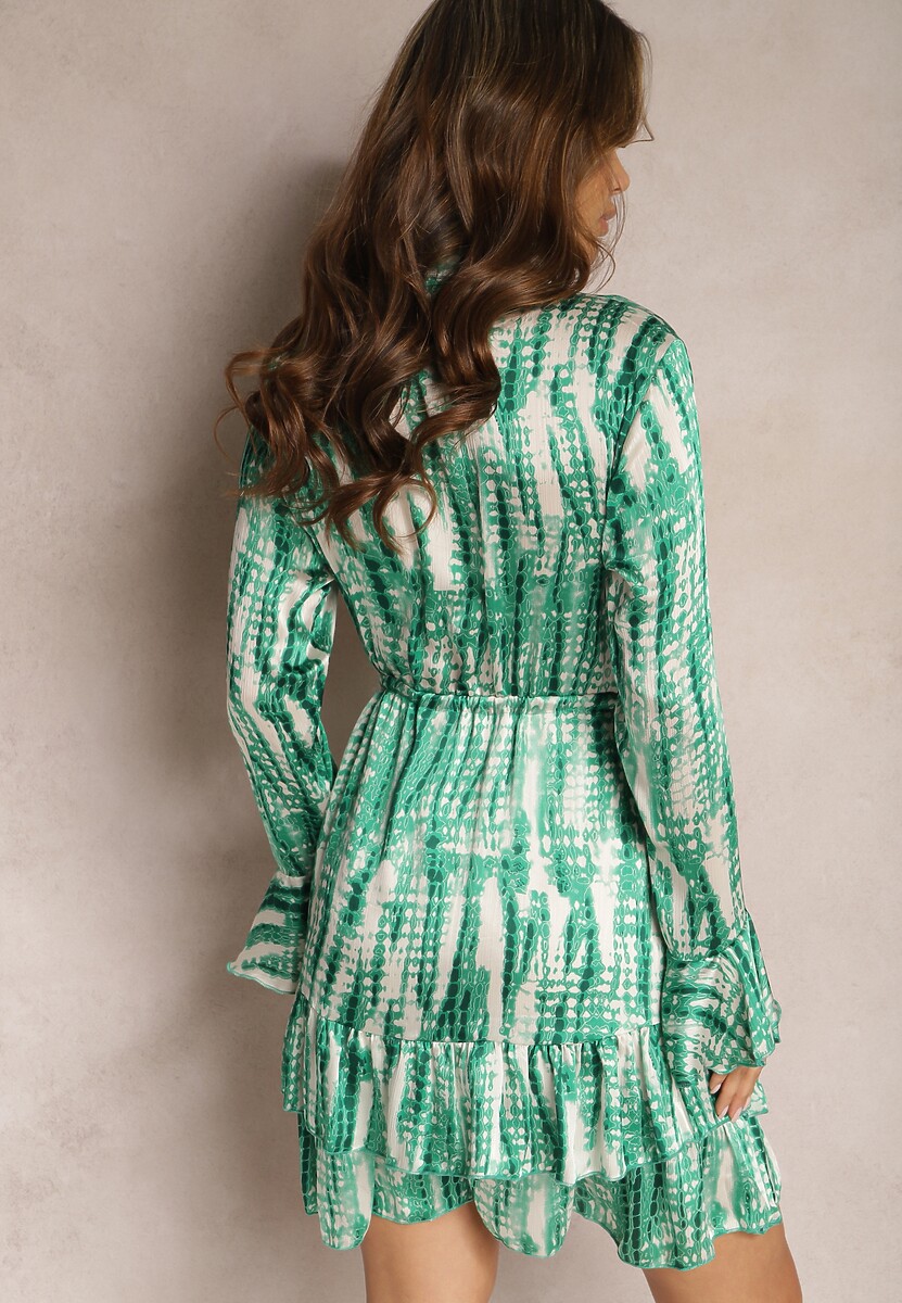 Zielona Rozkloszowana Sukienka w Akwarelowy Wzór z Falbankami Heava