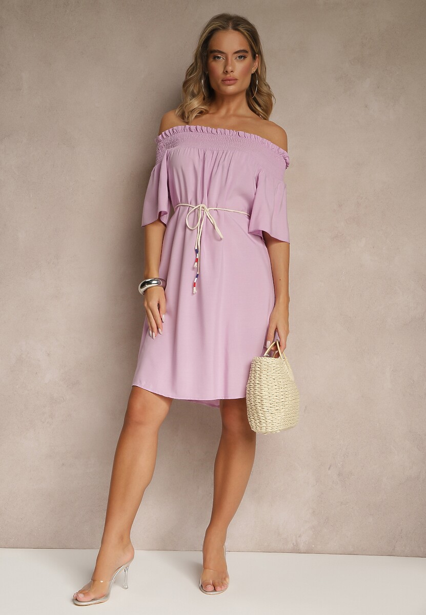 Fioletowa Sukienka Hiszpanka z Bawełną i Wiskozą Ozdobiona Sznurkiem Lilarelle