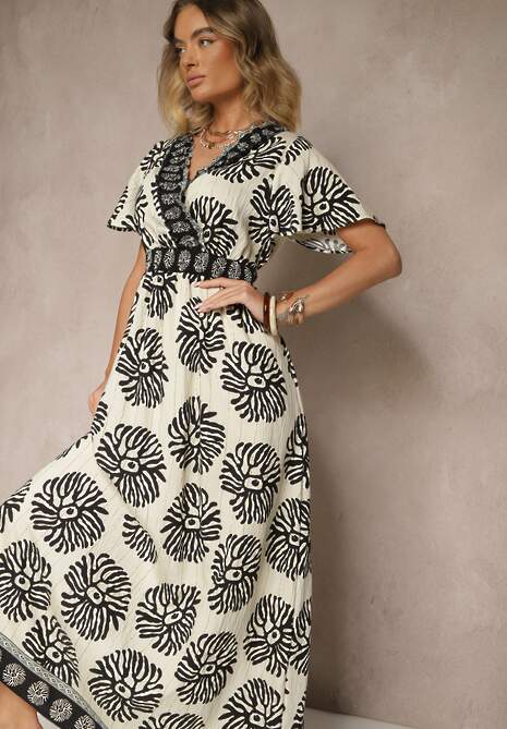 Beżowo-Czarna Sukienka w Print Boho z Wiskozy Rozkloszowana z Dekoltem V Palarina