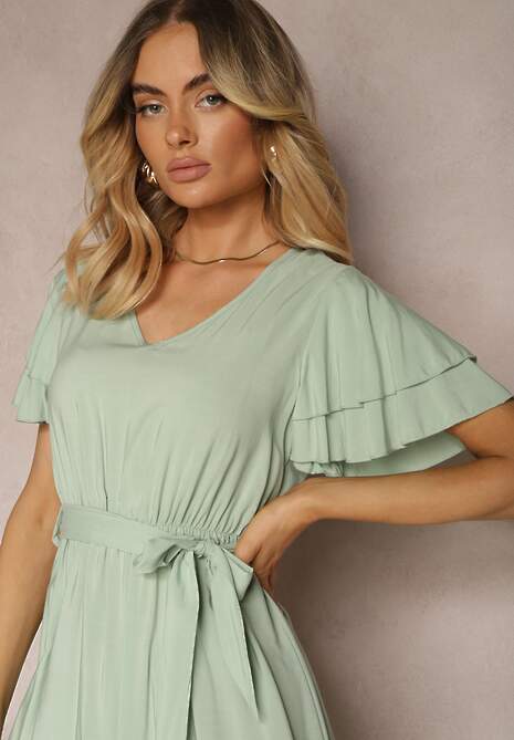 Zielona Bawełniana Sukienka o Rozkloszowanym Kroju z Falbanką i Gumką w Talii Zilpia