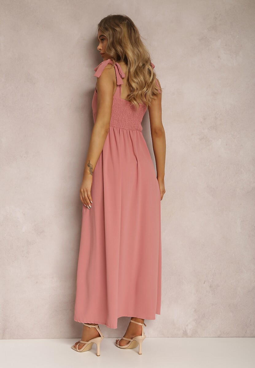 Ciemnoróżowa Sukienka Rozkloszowana z Wiązanymi Ramiączkami i Wycięciem Argomeda