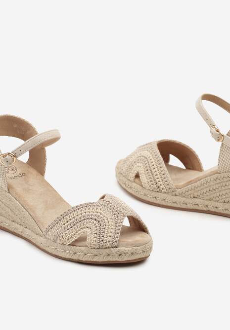 Beżowe Sandały Espadryle z Szydełkowym Noskiem i Plecionym Koturnem Tiimafae