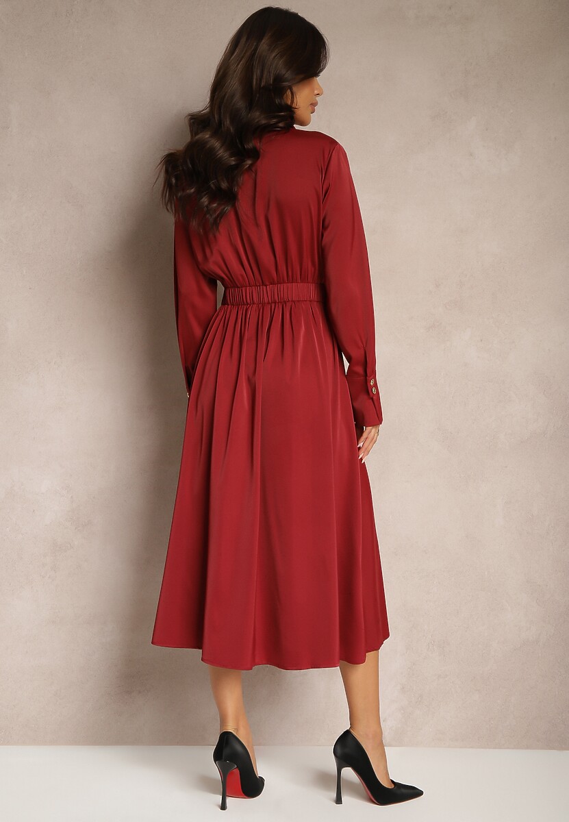 Bordowa Koszulowa Sukienka o Rozkloszowanym Kroju z Gumką w Pasie i Imitacją Kieszeni Etaviela
