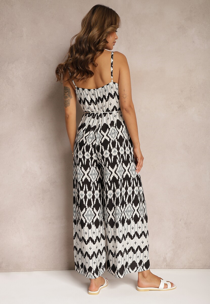 Czarno-Biały Kombinezon z Wiskozy na Cienkich Ramiączkach o Geometrycznym Wzorze z Paskiem Vikine